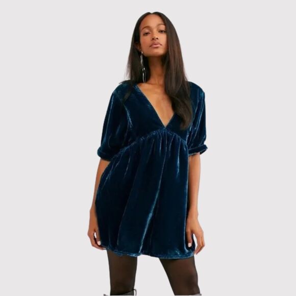 Free People Dress Blue Ivy Mini Velvet V Neck Short Sleeve A Line Boho Small - Picture 1 of 12